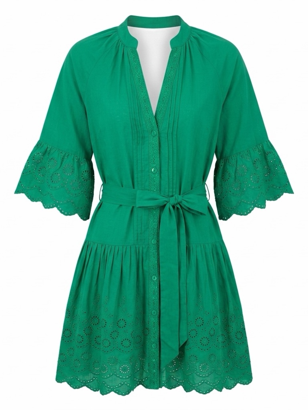Women’s Green Button-Front Eyelet Dress with Tie Waist